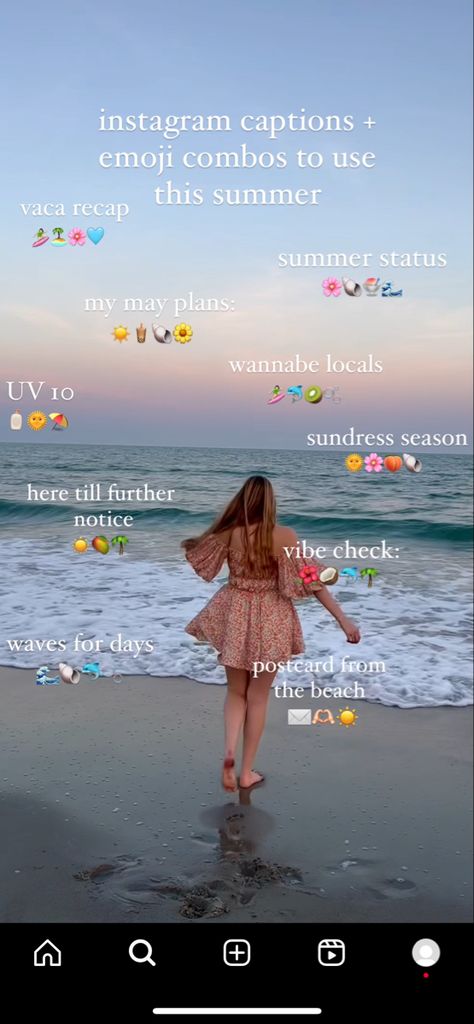 Snapchat Emoji Themes Aesthetic Summer, Sundress Captions Instagram, Summer Insta Stickers, Pool Emoji Combinations, Lake Emoji Combinations, Ocean Emoji Combinations, Sundress Season Quotes, Gym Emoji Combo, Summer Emoji Combos