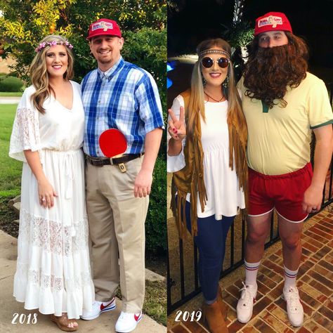 Forest Gump And Jenny Costume Halloween, Forrest And Jenny Costume Couple, Forest Gump Family Costume, Couples Costumes For Men With Beards, Forest And Jenny Costume, Jenny And Forest Gump Costume, Forest Gump And Jenny Costume Diy, Couples Costumes Movies, 90s Costume Ideas For Couples