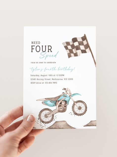 Dirt Bike Party Invitations, 4th Birthday Theme Boy, 4 Year Birthday Party Ideas Boy, Fourth Birthday Theme, Green Dirt Bike, Blue Dirt Bike, Pink Dirt Bike, Dirt Bike Birthday Party, Bike Birthday Party