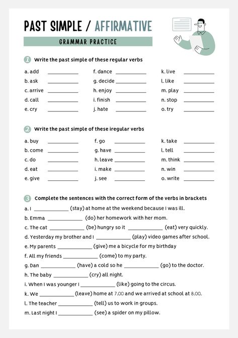 Free pdf Past Simple Worksheets, Past Simple Tense, Efl Teaching, Past Simple, English Exercises, Essay Writing Skills, Grammar Practice, Kids English, English Language Teaching