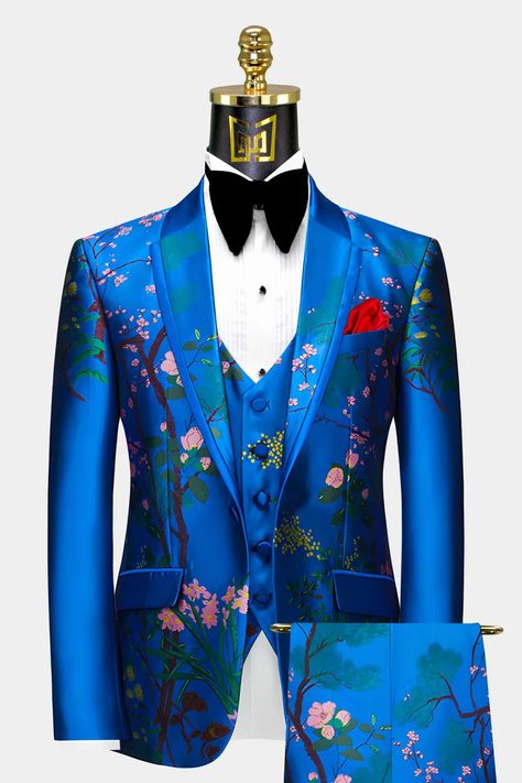 Blue And Pink Tuxedo, Floral Tuxedo, Nice Suits, Tuxedo Prom, Pink Tuxedo, Embroidered Material, Blossom Cherry, Japanese Blossom, Royal Blue Suit