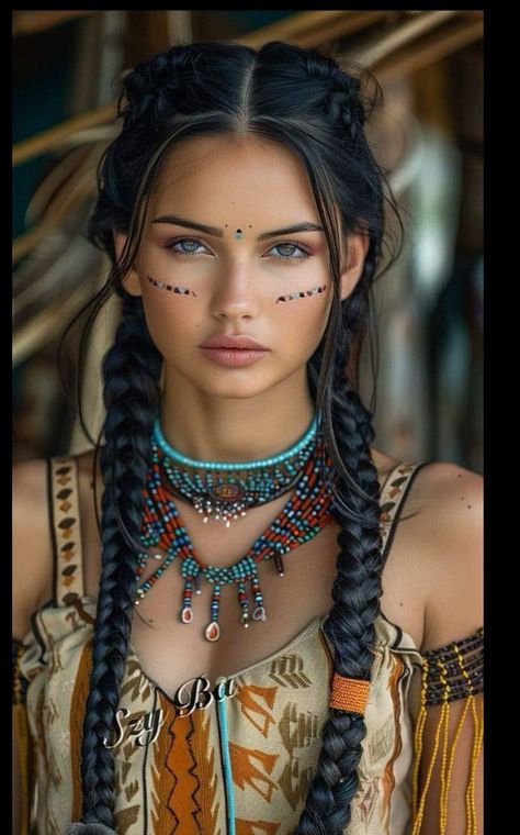 Braided Hairstyles Native American, Indigenous Women Hairstyles, Native Hairstyles American Indians, Pocahontas Makeup Look, Native Indian Makeup, Native American Woman Photography, Native American Hairstyles For Women, Tribe Braids, Native American Outfits