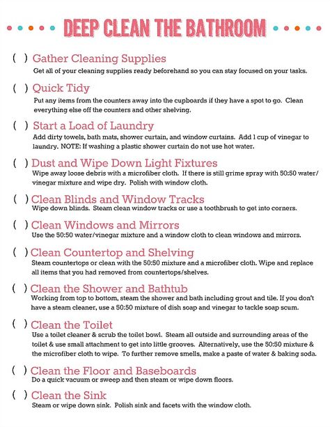 How to deep clean the bathroom. Great tips and a free printable to help keep you on track! // cleanandscentsible.com Bathroom Checklist, Bathroom Cleaning Checklist, Clean Hacks, Clean Baking Pans, Cleaning Painted Walls, Plastic Shower Curtain, Deep Cleaning Tips, Clean Dishwasher, Toilet Cleaning