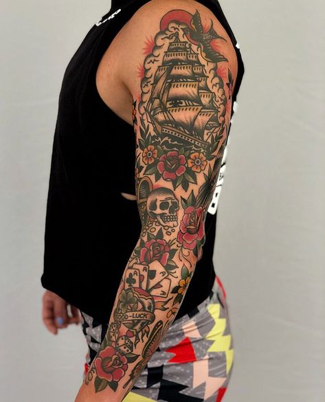 Neo Traditional Tattoo Sleeve Men, Traditional Half Sleeve, American Trad Tattoo, Hip Tattoo Quotes, Martin Tattoo, Old School Tattoo Sleeve, Traditional Tattoo Man, American Traditional Sleeve, Handwriting Tattoos