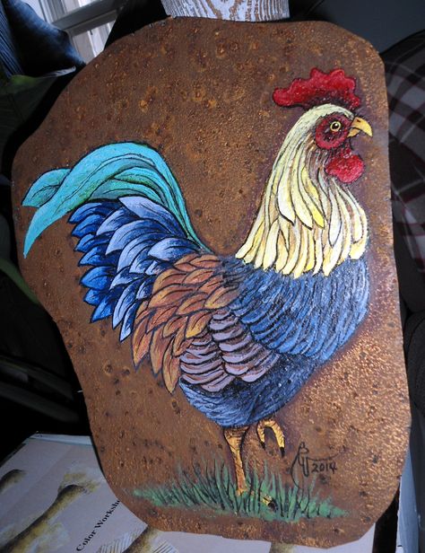 Colorful Rooster on old rusty tin. Colorful Rooster, Rooster Painting, Rusty Tin, Painted Rock Animals, Chicken Painting, Rooster Art, Painted Rocks Craft, Painted Rocks Diy, Rock Painting Patterns