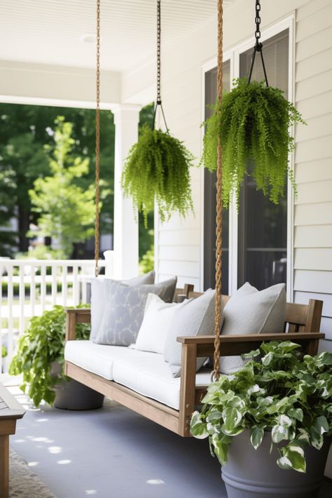 45 Front Porch Ideas That Will Bring You Together Narrow Long Porch Decorating Ideas, Hanging Porch Flowers, Long Porch Decorating Ideas, Large Front Porch Ideas, Narrow Porch Decorating Ideas, Front Porch Furniture Layout, Front Porch Seating Ideas, Porch Furniture Layout, White Front Porch