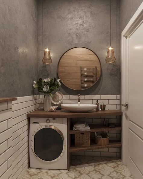 Vanity With Washing Machine, Small Bathroom Ideas With Wash Machine, Small Bathroom With Washing Machine, Bathroom With Washer And Dryer, Washing Machine In Bathroom, Tiny Home Bathrooms, Home Addition Plans, Industrial Loft Design, Bathroom Cabinets Designs