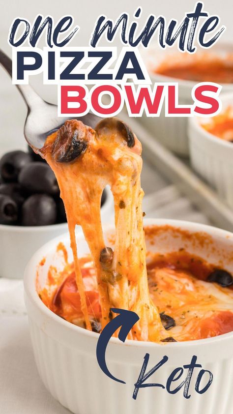 All of the saucy Italian flavors of pizza tossed into a bowl and microwaved. Pizza bowls are an easy, crustless way to satisfy those pizza cravings without having to make a pie! #PizzaAroundtheWorld Pizza Bowl Recipe, Keto Focus, Pizza Bowls, Microwave Pizza, School Pizza, Crustless Pizza, Spicy Pizza, Pizza Bowl, Cheesy Pizza