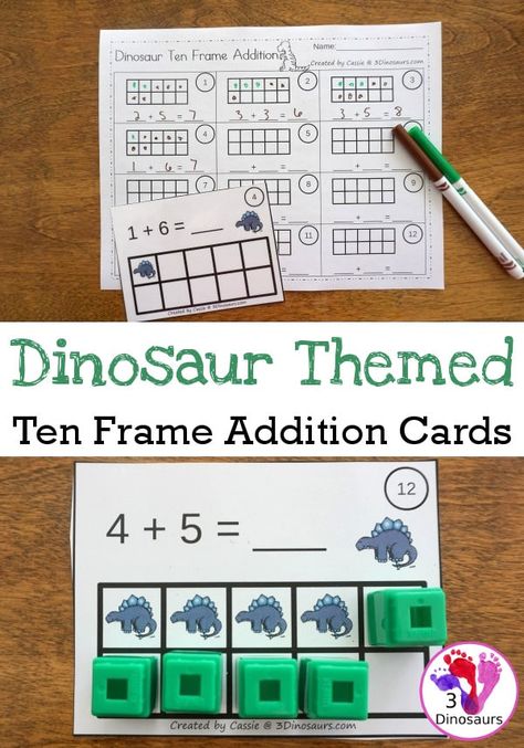 Dinosaur Exploration, Dinosaur Addition, Dinosaur Inquiry, Ten Frame Addition, Frame Addition, Tk Classroom, Ten Frames Kindergarten, Ten Frame Activities, 3 Dinosaurs