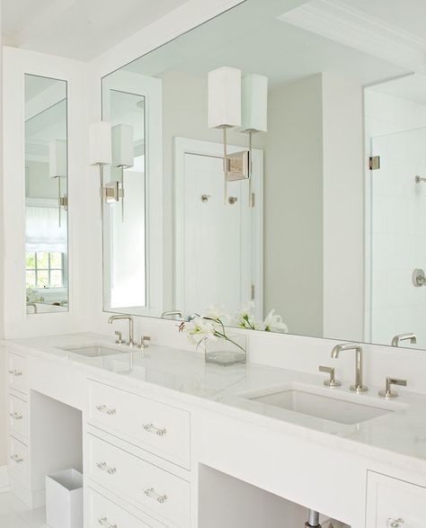 Monochromatic Bathroom, Large Bathroom Mirrors, Bathroom Mirror Design, Mirror Sconces, Double Sinks, Transitional Bathroom, Master Bath Remodel, Bathroom Sconces, Bathroom Renos