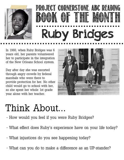 www.projectcornerstone.org  One of our volunteers made this flyer to go with the book, Ruby Bridges, they posted these in the classrooms. Ruby Bridges Project, Games For 1st Graders, Ruby Bridges Activities, Worksheets Grade 2, Activities For 1st Graders, Abc Reading, Ruby Bridges, Pta School, Youth Groups