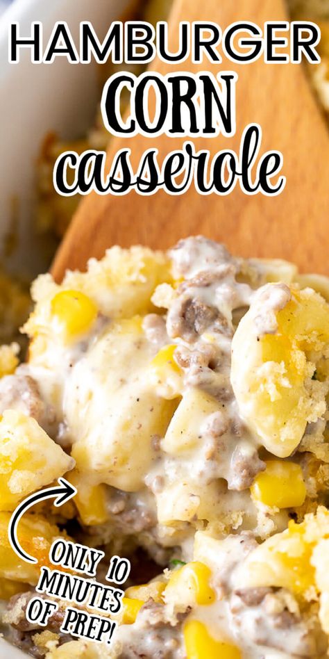 This really is the Best Hamburger Corn Casserole Recipe! It's loaded with tender macaroni noodles and juicy ground beef covered in a savory cream sauce, then topped with melty cheddar and crispy breadcrumbs. This hearty weeknight dinner recipe takes just 10 minutes to prep! Hotdish Recipes | Beef Casserole Recipes | Corn Casserole | Beef Recipes Easy | Beef Recipes for Dinner | Ground Beef Recipes | Casserole Dishes | Cooking Recipes | Hamburger Casserole | Hamburger Corn Casserole Recipes, Hamburger And Corn Casserole Recipes, Hamburger Crumble Recipes, Hamburger Casserole Recipes With Elbow Macaroni, Hamburger Recipes With Cream Cheese, Casaroles With Hamburger Meat, Fast Easy Hamburger Meals, Corn And Beef Recipes, Ground Beef Potato Corn Casserole