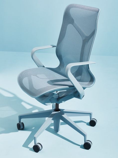 A Glacier light blue mid-back Cosm Chair on a light blue background. Geometric Chair, Best Office Chair, Office Chair Design, Modern Office Chair, Ergonomic Office Chair, Task Chair, Herman Miller, Cool Chairs, Back To Nature