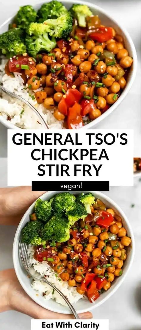 This easy general tsos vegan chickpea stir fry is loaded with fresh vegetables and perfect over rice and broccoli. It's a high protein vegan dinner recipe that is perfect for meal prep. Dinner Chickpeas, Chickpea Stir Fry, Jj Virgin, Vegetarian Stir Fry, Easy Vegetarian Recipes, Vegan Chinese, Chinese Take Out, Plant Based Dinner, Veg Dishes