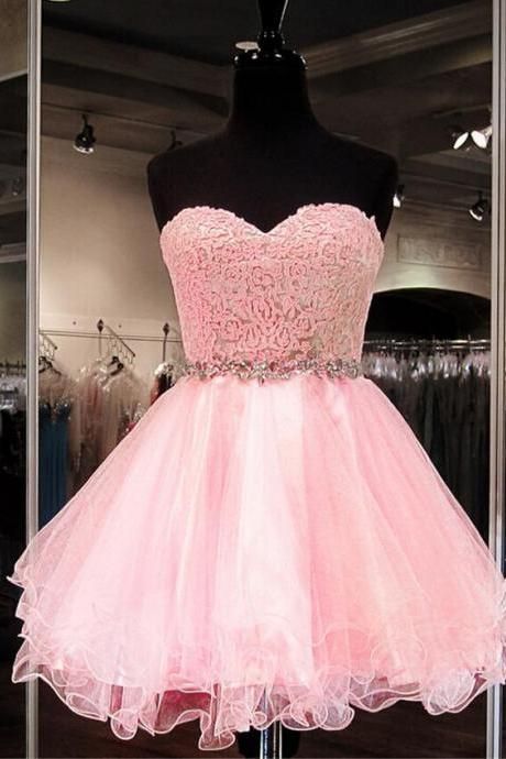 Custom Made Pink Sweetheart Neckline Lace and Organza Jewel Embellished Short Evening Dress, Formal Dress, Weddings, Homecoming Dress Pink Sweet 16 Dress, Sweetheart Evening Dress, Blush Prom Dress, Sweet 16 Dress, Tulle Homecoming Dress, Pink Homecoming Dress, 16 Dress, Dress Homecoming, 16 Dresses