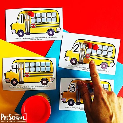 School Bus Counting Playdough Mats — Preschool Play and Learn Wheels On The Bus Activities, School Trip Bus, School Bus Printable, Bus Activities, Snow Slime Recipe, Preschool Hat, Snow Slime, Counting Activities Preschool, Preschool Play