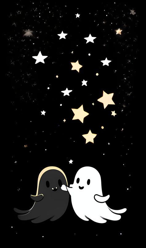 Amidst a cosmic backdrop adorned with bright stars and distant galaxies, two tender ghostly figures float. One, a dark-hued ghost with a golden halo, touches noses with a luminous white counterpart. Their simple, endearing expressions convey a connection, transcending the vastness of space. The gilded and white stars dotting the sky mirror their ethereal bond. #CelestialCaress #GhostlyGlow #StellarSmooch #GalacticGrace #AffectionAstronomy Dark Ghost Wallpaper, Ghost Astethic, Ghost Wallpaper, Phone Pictures, Fall Wallpapers, Halloween Wallpapers, Ghost Cartoon, Zucca Halloween, Art Attack