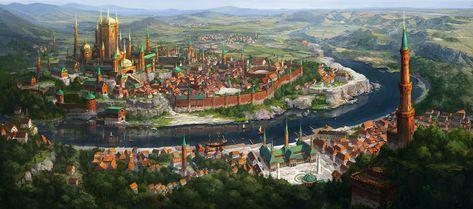 Fantasy City Art, Fantasy World Map, Medieval City, Anime City, Medieval World, Magic City, Cityscape Art, Fantasy City, Fantasy Castle