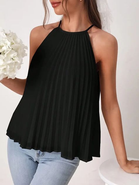 Solid Color Halter Neck Pleat Blouse Casual Sleeveless Loose - Temu Halter Neck Blouses, Halter Blouse, Top Halter, Pleated Blouse, Loose Blouse, Black Casual, Top Casual, Free Clothes, Halter Top