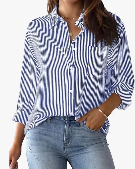 High quality 80% cotton + 20% polyester. The womens striped button up shirt is lightweight, durable and comfortable to wear. Buttoned front to create a v-neckline Button down v neck shirts, striped pattern, collared shirts, chest pocket, long sleeve blouses for women dressy, classic regular fit cut, show your fashion and charm Women's Button Down Shirt, Casual Long Sleeve Shirts, Striped Sleeve, Striped Cardigan, Work Blouse, Long Blouse, Pink Stripes, Womens Fall, Black Stripes