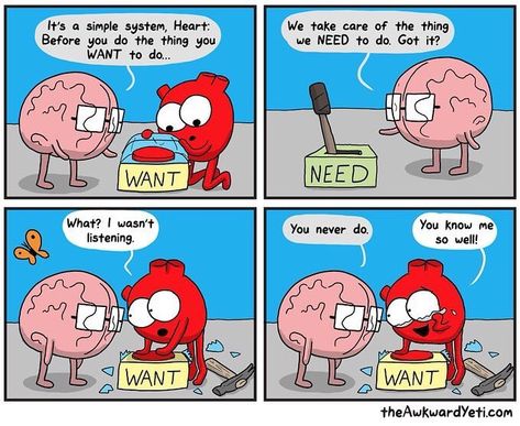 Awkward Yeti Comics, Need Vs Want, Akward Yeti, Mum Jokes, Heart And Brain Comic, Anatomy Humor, Heart Vs Brain, Awkward Yeti, The Awkward Yeti