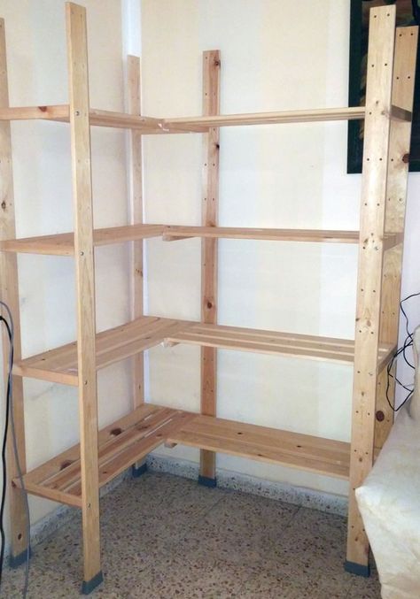 HEJNE Corner Shelf Unit in one easy step Corner Floor Shelf, Diy Corner Pantry Shelves, Easy Corner Shelves Diy, Ikea Ivar Corner, Ivar Corner Shelf, Corner Shelves Diy, Ikea Hejne, Bat Decorations On Wall, Canning Pantry