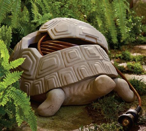 This decorative turtle pot is crafted from all-weather faux stone and hides up to 100 feet of half inch garden hose beneath its shell. Turtle Garden, Garden Hose Storage, Garden Hose Holder, Random Objects, Hose Storage, Hose Holder, Garden Hoses, Garden Tool Storage, Hose Nozzle