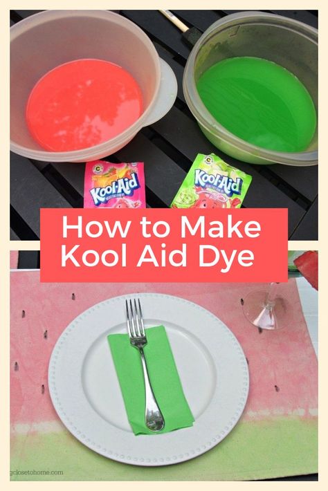 How to Paint Fabric with Kool-Aid Drink Mix - how to make kool aid dye for hair or for dyeing fabric.  Make these adorable watermelon placements for summer parties. #koolaid #crafts #summercrafts #fabric How To Dye Clothes, How To Paint Fabric, Kool Aid Dye, Homemade Tie Dye, Canned Strawberries, Tye Dye Patterns, Diy Dye, Dyeing Fabric, How To Dye Shoes