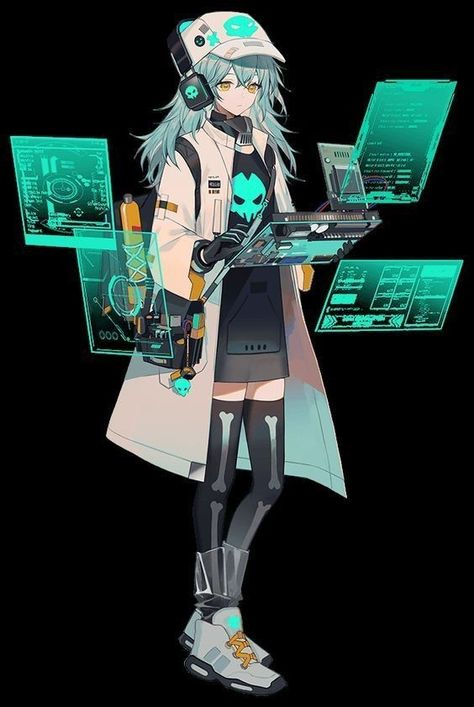 Cyberpunk Anime Character Design, Technology Character Design, Anime Sci Fi Character Design, Cyberpunk Ideas Character Design, Anime Cyberpunk Outfit, Computer Character Design, Cyberpunk Oc Girl, Cyberpunk Clothes Design, Cyberpunk Art Girl