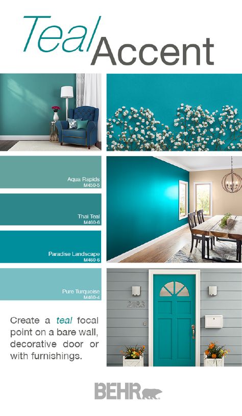 Searching for an easy way to add a modern twist to your neutral color palette? Explore these trending teal accent wall colors from Behr Paint. Bright shades of blue like Aqua Rapids, Thai Teal, Paradise Landscape, and Pure Turquoise pop against beige, gray, or white walls. Click below to see more. Behr Caribe Color Schemes, Blue Teal Color Palette Living Room, Teal Blue Interior Design, Calming Teal Bedroom, Colors That Complement Each Other, Colours That Go With Teal Living Rooms, Colors That Go With Teal Living Room, Sophisticated Teal Behr Color Palettes, Teal Green Wall Paint