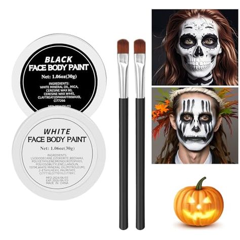 White Black Face Body Paint,Halloween Clown Makeup Kit with 2 Brushes,Professional White Black Face Body Painting Kit for Clown, Joker, Theater, Cosplay, Costume, SFX Make-up Halloween Clown Makeup, Face Paint Set, Clown Face Paint, Paint Halloween, Black Face Paint, Face Paint Kit, Vampire Makeup, Paint Easy, Skeleton Makeup