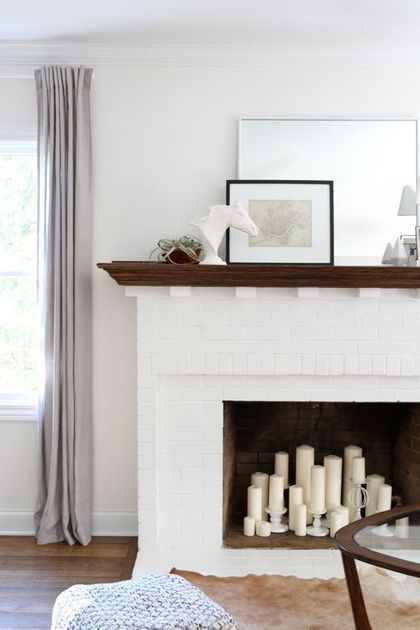 47 Adorable Fireplace Candle Displays For Any Interior Faux Foyer, White Brick Fireplace, Fake Fireplace, Candles In Fireplace, Farmhouse Side Table, White Fireplace, Faux Fireplace, White Brick, Brick Fireplace