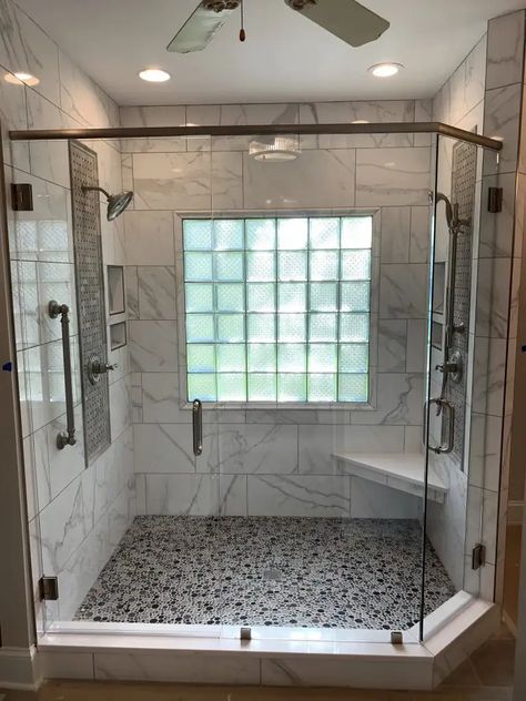 Showers With Windows Walk In, Shower With Block Window, Masterbath Ideas 2024 Remodel, Walk In Showers With Windows In Them, Showers With A Window, Jet Tub To Shower Conversion, Walk In Shower With Window Master Suite, Glass Stand Up Shower Ideas, Stand Up Shower With Window