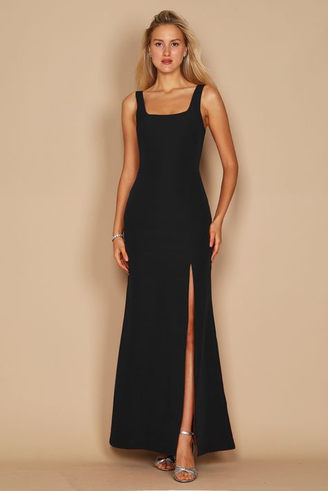 Dylan & Davids Long Formal Square Neckline Evening Dress | The Dress Outlet Black Dress With Square Neckline, Square Neckline Dress Formal, Short Sleeve Prom Dress Long, Black Square Neckline Dress, Spaghetti Strap Formal Dress, Thick Strap Dress Formal, Square Neckline Formal Dress, Black Sleeveless Formal Dress, Prom Dresses Long With Sleeves Elegant