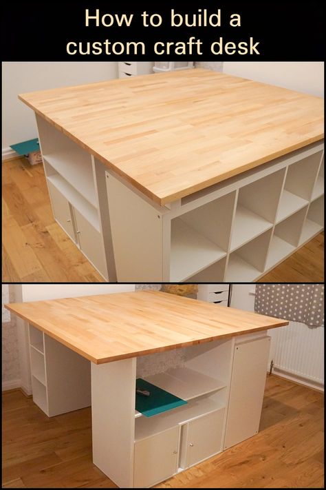 Diy Craft Table With Storage On Wheels, Building A Craft Table, Shipping Station Home Office Diy, Craft Table On Wheels, Art Studio Office Combo, Crafting Table Ideas Work Stations, Craft Room Tables Work Stations, Sewing Tables Ideas Work Stations, Diy Craft Table With Storage