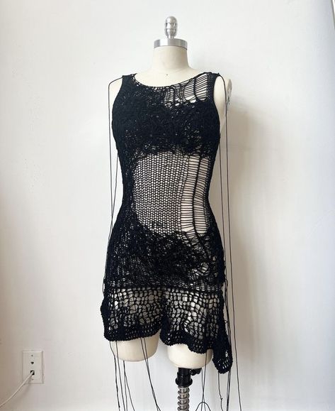 by @/spiciebrand Distressed Crochet Dress, Alternative Crochet, Las Vegas Outfit, Distressed Dress, Rave Dress, Distressed Knit, Alternative Dress, Black Crochet Dress, Knit Ideas