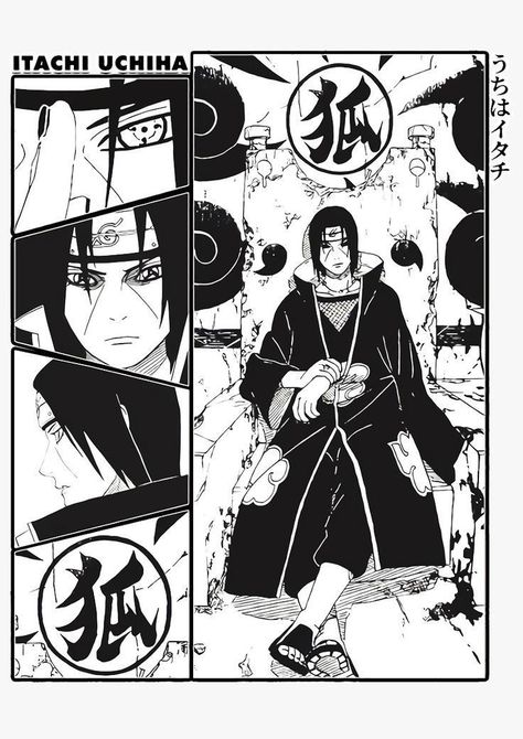 Naruto Black And White Poster, Naruto Design Shirt, Itachi Black And White, Itachi Poster, Itachi Design, Itachi Uchiha Manga, Manga Itachi, Itachi Manga, Naruto Posters