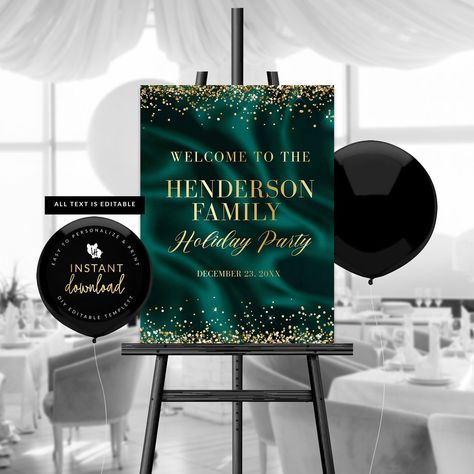 "This Emerald and Gold Welcome Sign is perfect for your glamorous event! Like the design, but not hosting a holiday party? You can edit all text! PLEASE message us with questions or notes - we may not see your notes in the \"notes to seller\" for instant downloads due to high volume of orders.  THIS DIGITAL FILE WILL BE INSTANTLY EDITED BY YOU, USING TEMPLETT.  You CAN edit all text and fonts You can NOT edit emerald background & gold elements/artwork TRY BEFORE YOU BUY Follow this link to demo this invite: https://templett.com/design/demo/littlehamcollection/17881195,17881200 Templett items can NOT be edited via mobile/Tablet device OR on Internet Explorer. Full directions on how to edit & download are available under the \"seller instructions\" when you hover over your templett in the si Elements Artwork, Gold Signage, Emerald Background, Gold Welcome Sign, Vogue Decor, Mommy Birthday, Background Gold, Welcome Poster, Internet Explorer