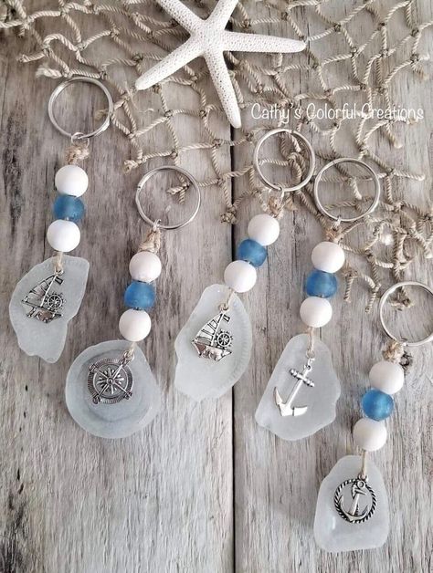 Sea Glass Keychain, New Jersey Shore, Beach Keychain, Beach Craft, Coastal Crafts, Sea Glass Art Projects, Beach Glass Crafts, Nautical Crafts, Camp Crafts