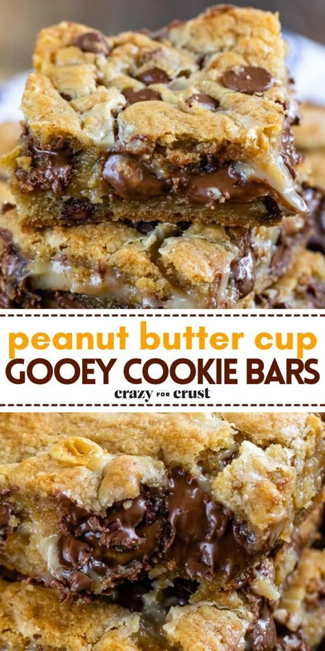 Looking for simple dessert recipes? These gooey cookie bars are the BEST. Filled with peanut butter cups and gooey peanut butter, these chocolate chip cookie bars are decadent. Indulge in this easy-to-make sweet treat today! Chocolate Chip Gooey Bars, Cookie Sheet Recipes, Peanut Butter Choc Chip Bars, Reeses Chocolate Chip Cookie Bites, Candy Bar Desserts Recipes, Dessert With Reeses Cups, Peanut Butter Cup Cookie Bars, Chocolate Cookie Bars Recipe, School Lunch Peanut Butter Bars