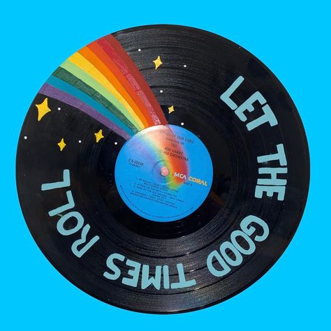 "\"Let the Good Times Roll\" painted classic old school vinyl record with rainbow tied in!🌈" Painting Vinyl Records, Vinyl Records Diy, Records Diy, Painted Vinyl Record, Vinyl Record Art Ideas, Painted Records, Painted Vinyl Records, Vinyl Art Paint, Inspiration Board Design