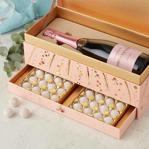 Rosé Champagne & Chocolate Gift Box - Fortnum & Mason Wedding Gifts For The Bride, Luxury Paper Bag, Champagne Box, Gifts For The Bride, Champagne Truffles, Wrapped Wine Bottles, Champagne Chocolate, Champagne Gift, Wine Hampers