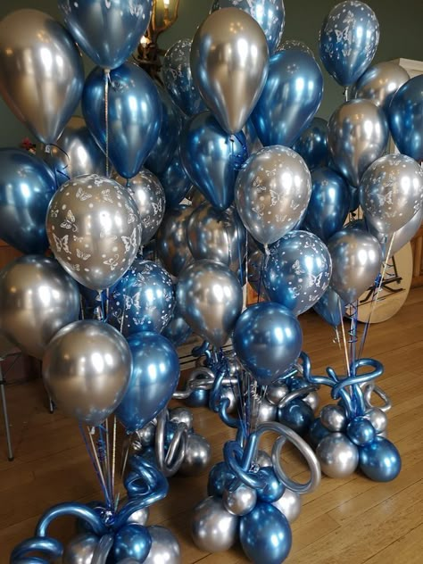 Blue And Silver Engagement Party, Light Blue And Silver Birthday Decorations, Blue Silver Balloons, Blue And Silver Party, 15th Birthday Decorations, Blue And Silver Wedding, Chrome Balloons, Silver Party Decorations, Blue Party Decorations