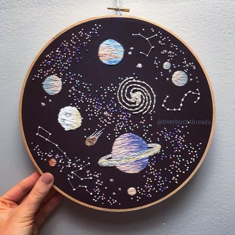 A Stitchers Guide to the Galaxy 🌌 • 10 inch • Custom Order ✨ I’ve been giving you guys lots of sneak peaks at my progress on this hoop and… Space Embroidery, Goddess Provisions, Embroidery Stitches Beginner, Textile Art Embroidery, Rustic Crafts, Guide To The Galaxy, Pola Sulam, Hand Embroidery Flowers, Learn Embroidery