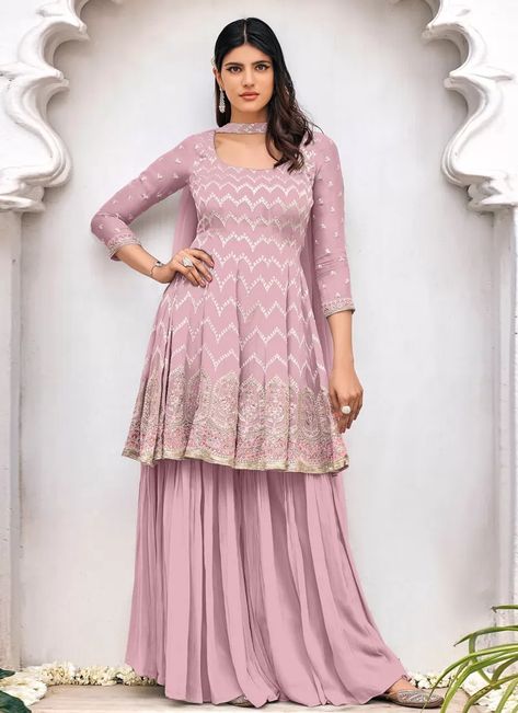 Buy Sharara Salwar Suit For Party Online Pink Sharara Suit, Pink Sharara, Palazzo Dress, Sharara Pants, Designer Anarkali Suits, Frock Style, Zardozi Embroidery, Sharara Suit, Designer Anarkali