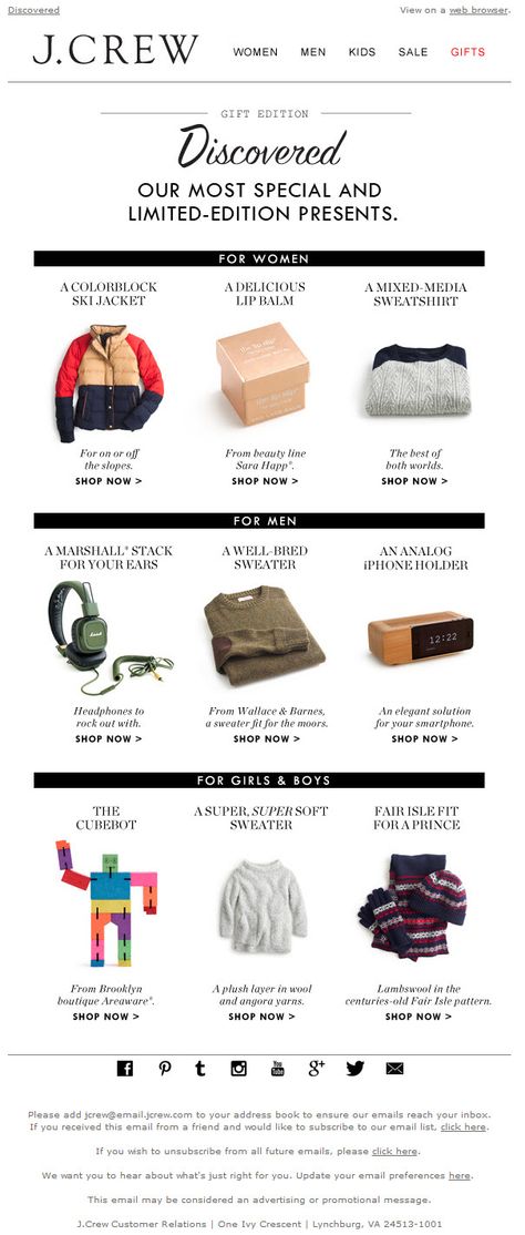 Sent: 11/23/13 SL: 'For the hardest-to-shop-for people...' Another gift guide email from J. Crew featuring limited edition presents Marketing Gift, Email Blast, Email Newsletter Design, Sale Emails, Email Marketing Design, Christmas Inspo, Newsletter Design, Best Email, Email Design