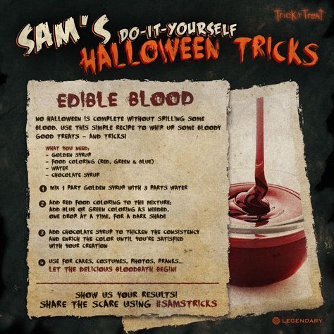 "Whether it’s in the movies or at your #Halloween party, there’s always a need for (edible) blood. Edible Blood Recipe, Edible Blood, Trick R Treat Movie, Trick Or Treat Sam, Trick R Treat Sam, Movie Food, Halloween Food Dinner, Sam Trick R Treat, Hocus Pocus Party