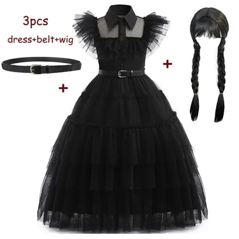 Wednesday Addams Costume Girls For Kids Addam Vestidos Mesh Gothic Black Color Party Dresses Wednesday Addams Costume, Color Party, Cosplay Halloween, Wednesday Addams, Girl Costumes, Party Dresses, Black Color, Carnival, Party Dress