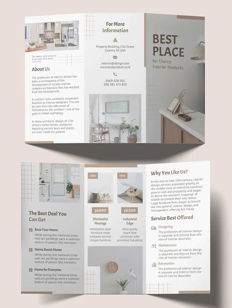 Tri Fold Brochure Design, Design De Configuration, Interior Brochures, Brochures Design, Brochure Design Layouts, Graphical Design, Interior Design Template, 브로셔 디자인, Brochure Design Layout