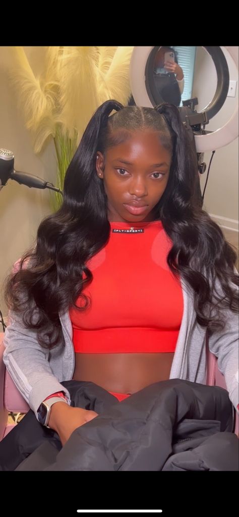 Quick Weave Hairstyles Ponytail Half Up Half Down, Half Up Two Ponytail Hairstyles, Half Up Half Down To Ponytails, Sew In With 2 Ponytails, Sew Ins Ponytails, Cute Up Down Hairstyles, Half Up Down Ponytail, Half Up Half Down Hair With Ponytail, Two Ponytails And Hair Down